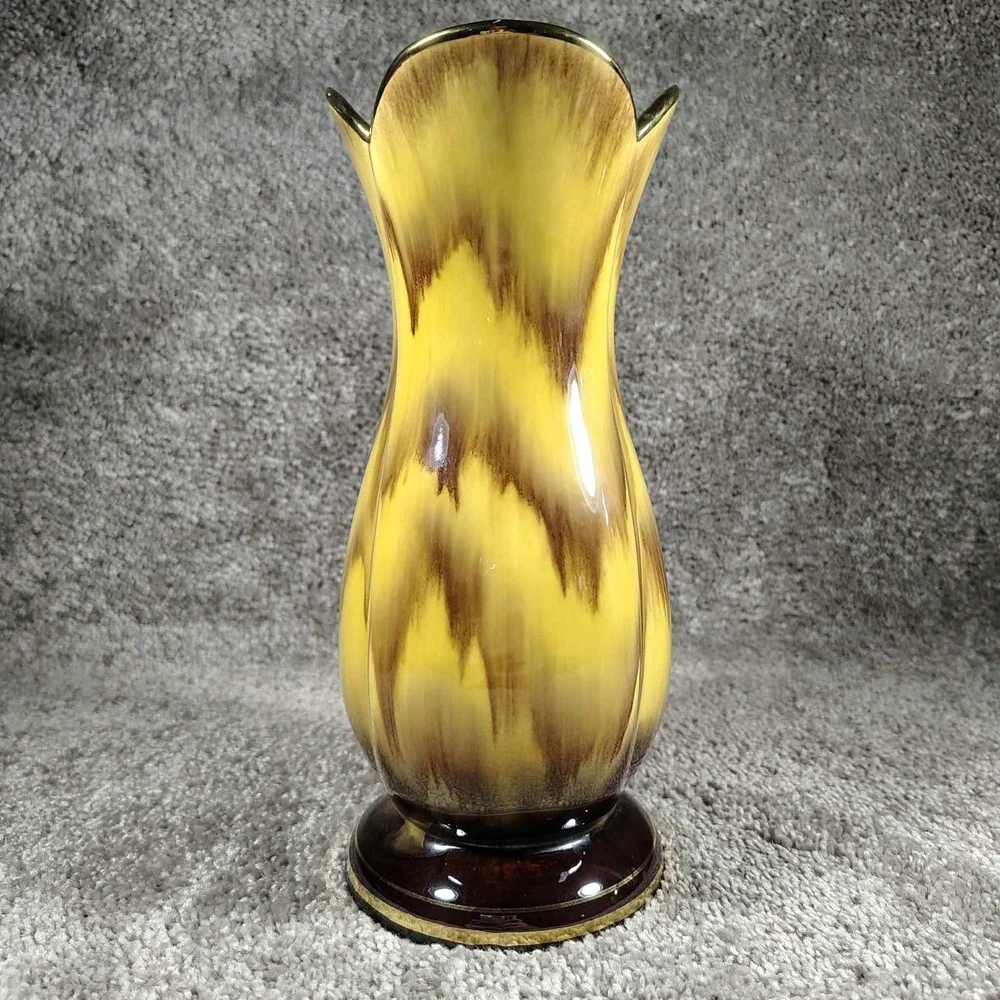 West Germany Vase Yellow Brown Drip Glaze Scalloped Gold Trim 556/21 8.25in